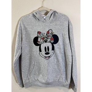 Disney Minnie Mouse Sweater Womens XL Gray Embroidered Flowers Hoodie